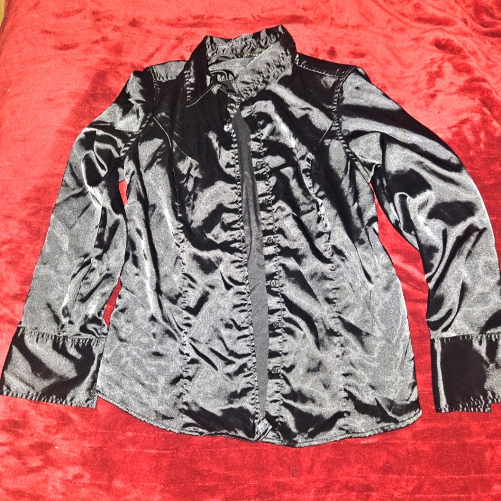 Black silk satin goth shirt - size 12